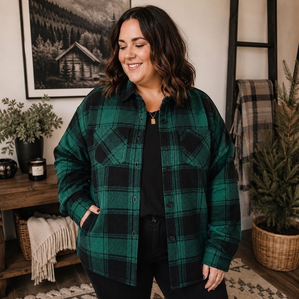 Maurices Jacket Women 1X Green Black Plaid Fleece Button Up Shirt Shacket Pocket